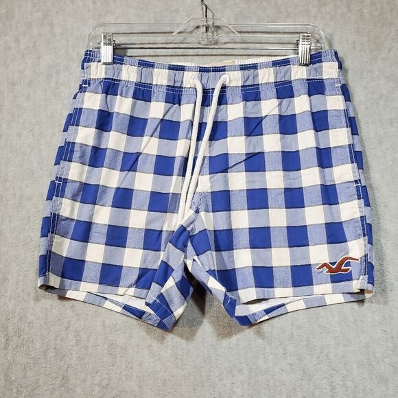 Hollister Shorts Mens Small Blue Check Bermuda Logo High Waist Drawstring - Picture 1 of 10